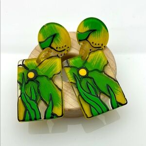 Vintage Hand Painted Green and Yellow Floral Lucite Earrings
